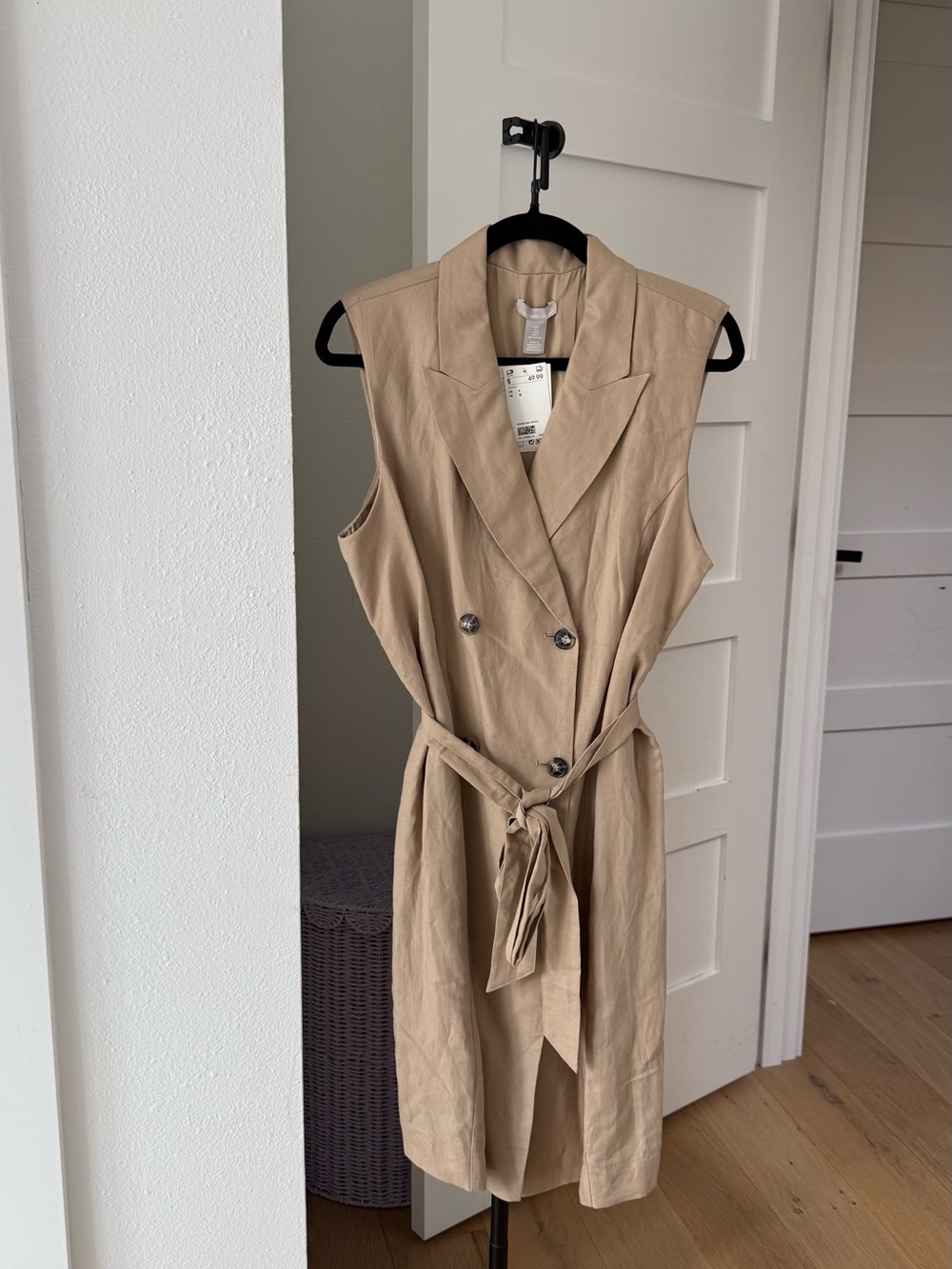 Sleeveless Double-Breasted Tie-Waist Jumpsuit - Tan